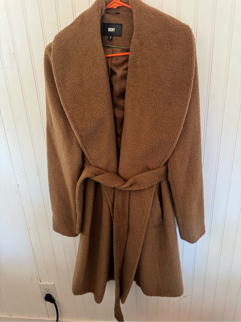 DKNY Camel Belted Teddy Pea Coat medium